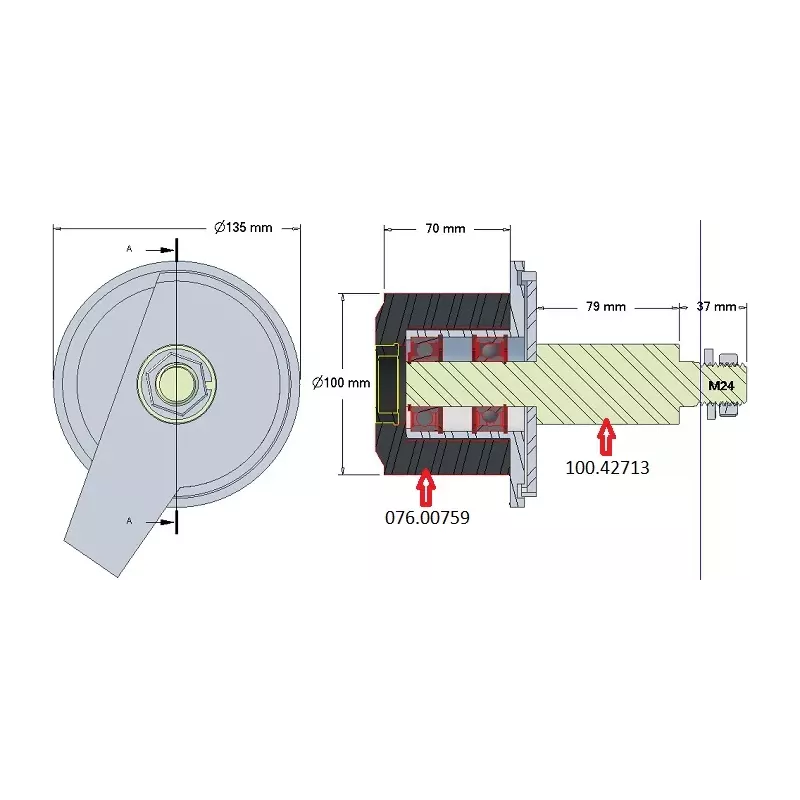 Rolle Nr. 122 – Umlenkrolle aus Stahl-Gummi Ø100 mm für Maschinen von Grimme | OEM Grimme 200.43275, 076.00759, 100.43275 | Hersteller KiJ