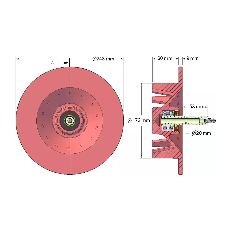 Rolle Nr. 84 – Antriebsrolle aus Gusseisen Ø172 mm, Teilung 40 mm, für Maschinen von Stoll | OEM Stoll 0519040, 0519030 | Hersteller KiJ