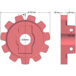 Rolle Nr. 149 – Antriebsrolle aus Gusseisen Ø152 mm, Teilung 40 mm | OEM 10.21.05-2 | Hersteller KiJ