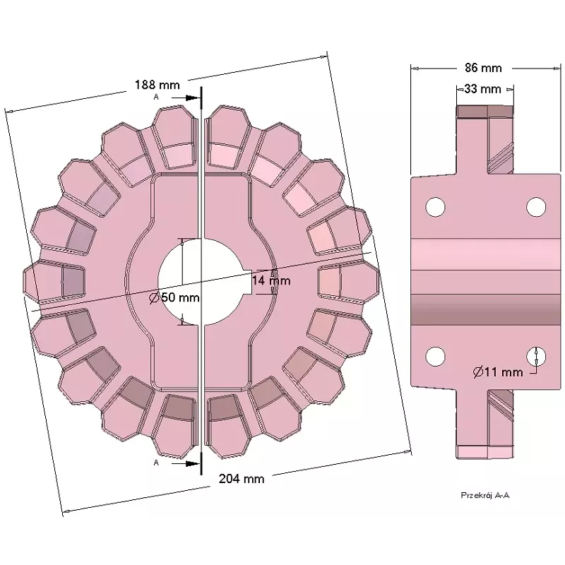 Rolle Nr. 288 – Antriebsrolle aus Gusseisen Ø204 mm, Teilung 33 mm | Hersteller KiJ